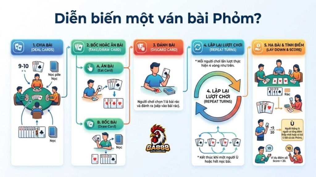 Một ván bài Phỏm diễn ra theo trình tự ra sao?