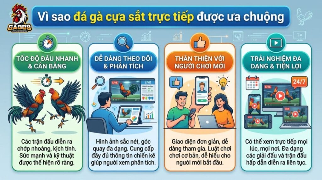 Vì sao đá gà cựa sắt trực tiếp được ưa chuộng