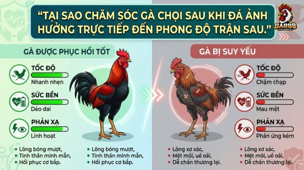 Vì sao chăm sóc gà chọi sau đá ảnh hưởng trực tiếp đến trận sau
