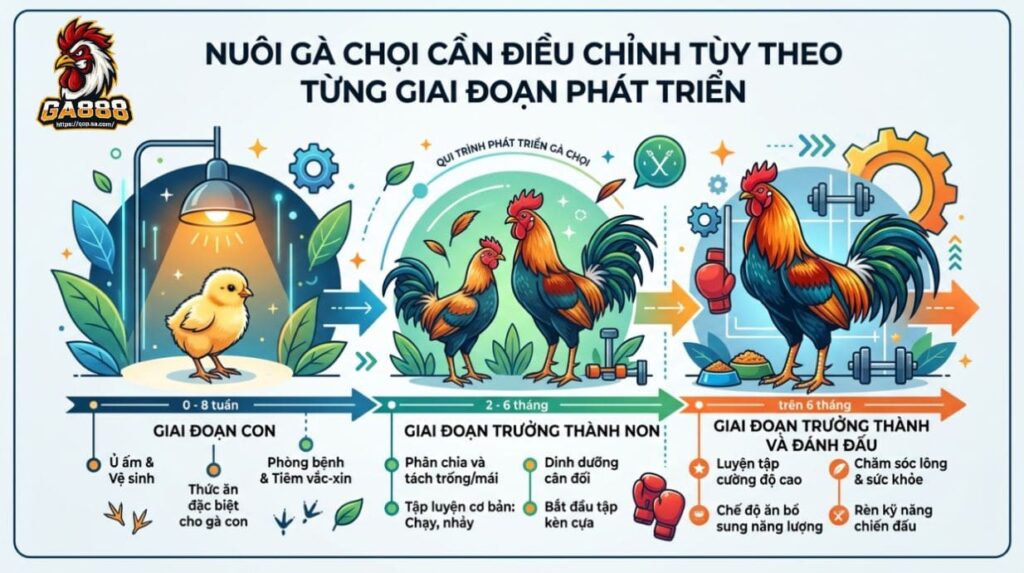Nuôi gà chọi cần điều chỉnh theo từng thời điểm phát triển
